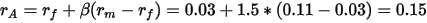 r_A=r_f+\beta(r_m-r_f)=0.03+1.5*(0.11-0.03)=0.15