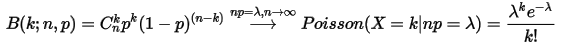 B(k;n,p)=C_{n}^{k}p^{k}(1-p)^{(n-k)}\overset{np=\lambda,n\rightarrow \infty}{\longrightarrow}Poisson(X=k|np=\lambda)=\frac{\lambda^{k}e^{-\lambda}}{k!}\\