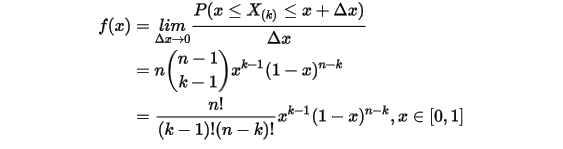 \begin{align*}f(x)&=\underset{\Delta x\rightarrow 0}{lim}\frac{P(x\leq X_{(k)}\leq x+\Delta x)}{\Delta x} \\&=n\binom{n-1}{k-1}x^{k-1}(1-x)^{n-k} \\&=\frac{n!}{(k-1)!(n-k)!}x^{k-1}(1-x)^{n-k},x\in[0,1]\end{align*}\\