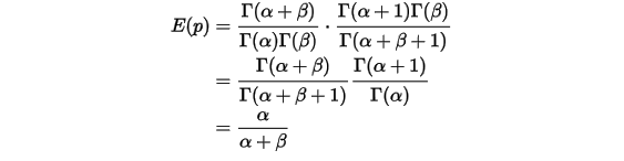 \begin{align*}E(p)&=\frac{\Gamma(\alpha+\beta)}{\Gamma(\alpha)\Gamma(\beta)}\cdot \frac{\Gamma(\alpha+1)\Gamma(\beta)}{\Gamma(\alpha+\beta+1)} \\&=\frac{\Gamma(\alpha+\beta)}{\Gamma(\alpha+\beta+1)}\frac{\Gamma(\alpha+1)}{\Gamma(\alpha)} \\&=\frac{\alpha}{\alpha+\beta}\end{align*}\\